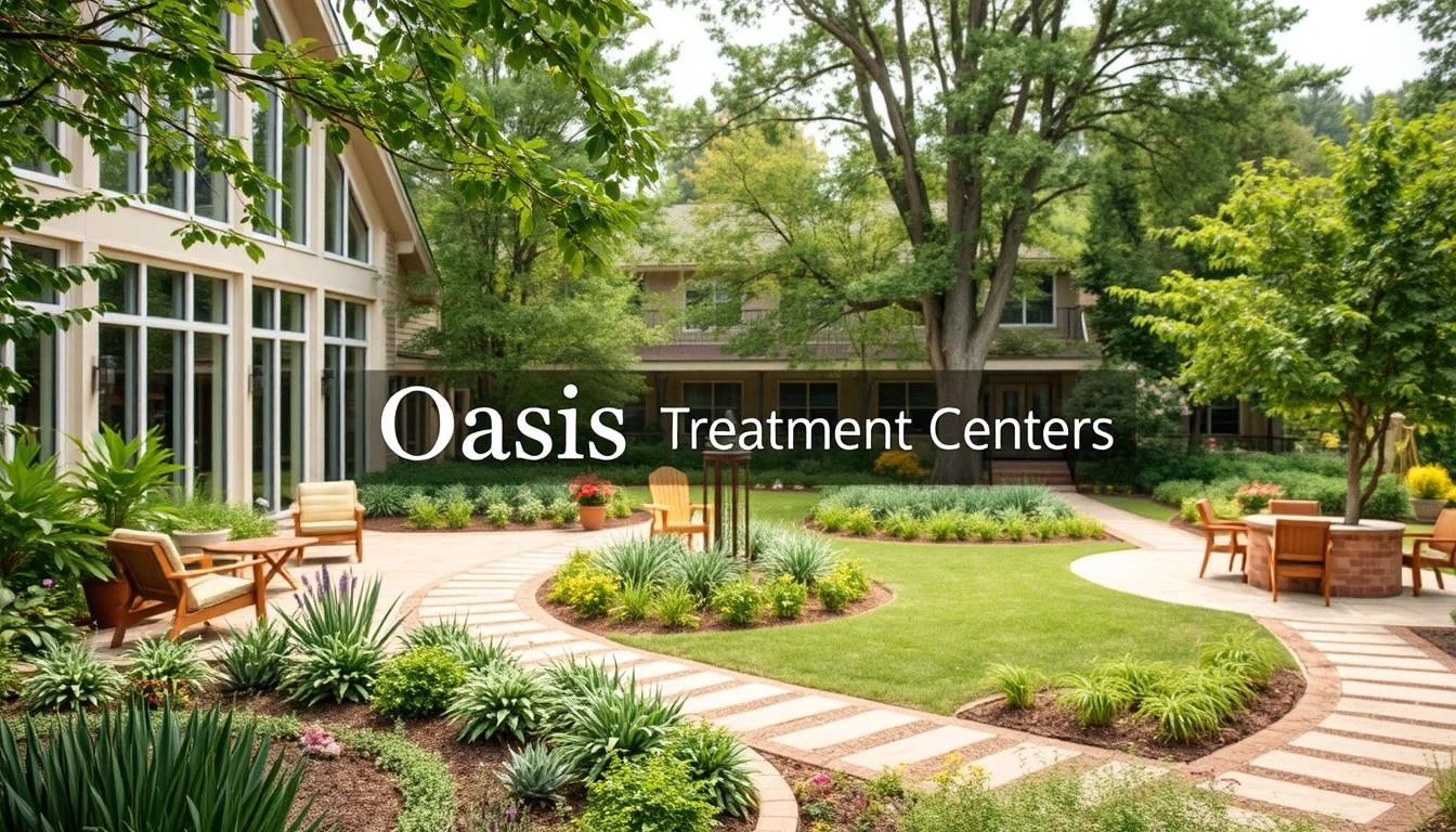 A serene mental health rehab center surrounded by lush greenery, featuring calming architecture with natural light streaming through large windows, inviting outdoor spaces with comfortable seating, and peaceful pathways.